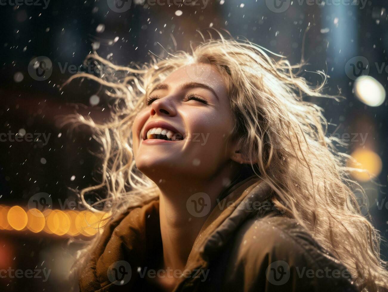 Carefree woman joyfully dances in the refreshing rain AI Generative photo