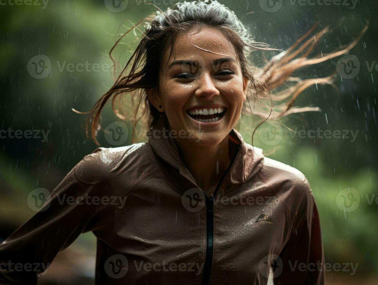 Carefree woman joyfully dances in the refreshing rain AI Generative photo