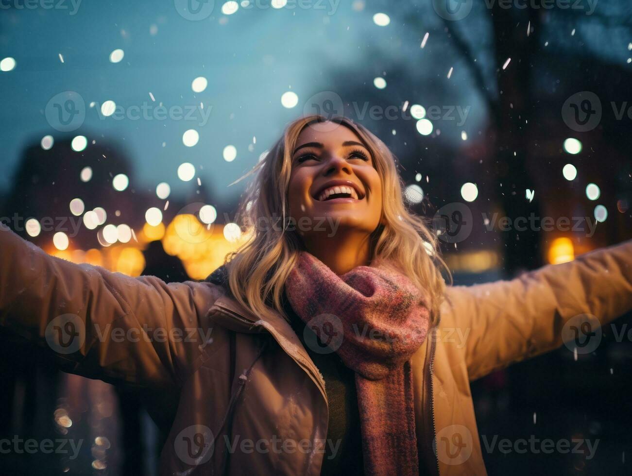 Carefree woman joyfully dances in the refreshing rain AI Generative photo