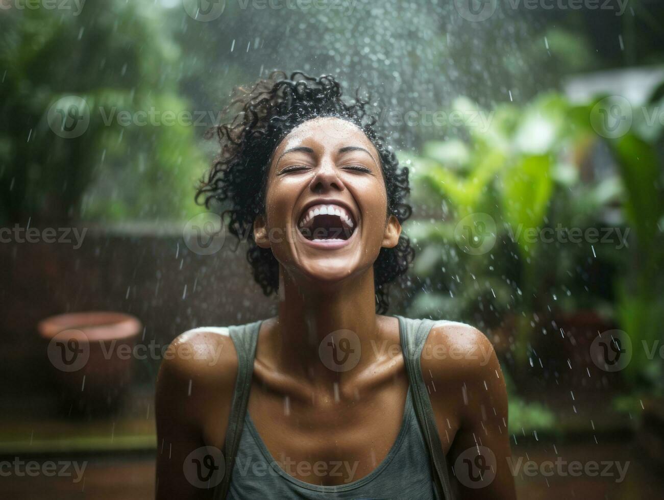 Carefree woman joyfully dances in the refreshing rain AI Generative photo