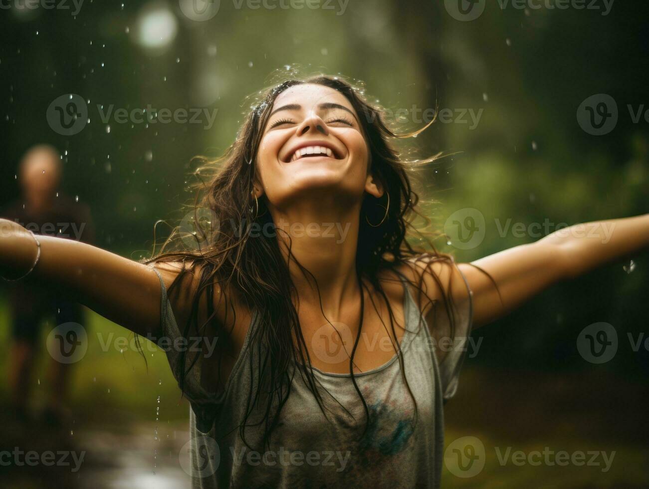 Carefree woman joyfully dances in the refreshing rain AI Generative photo