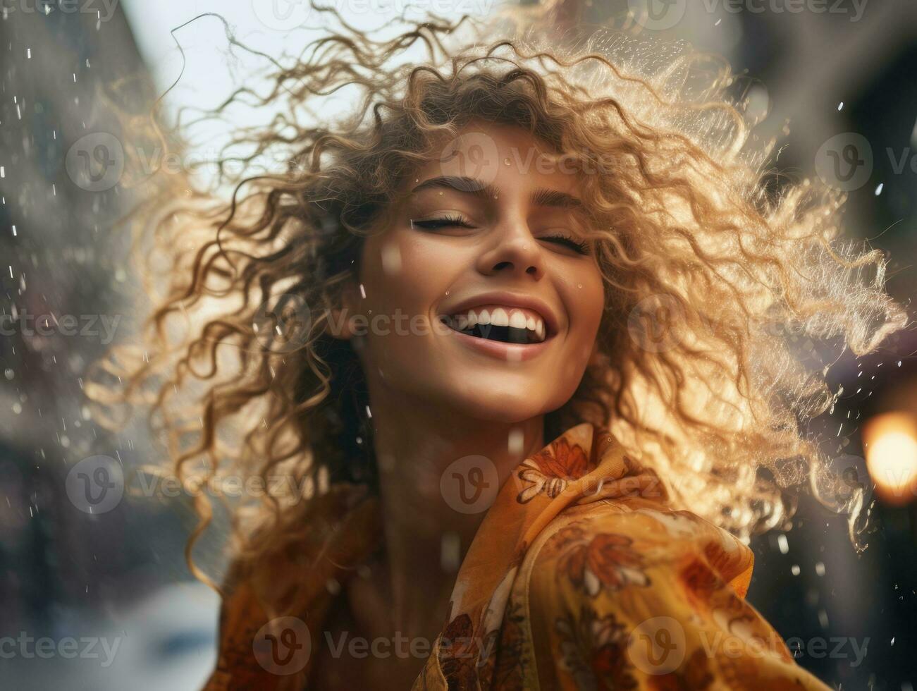 Carefree woman joyfully dances in the refreshing rain AI Generative photo