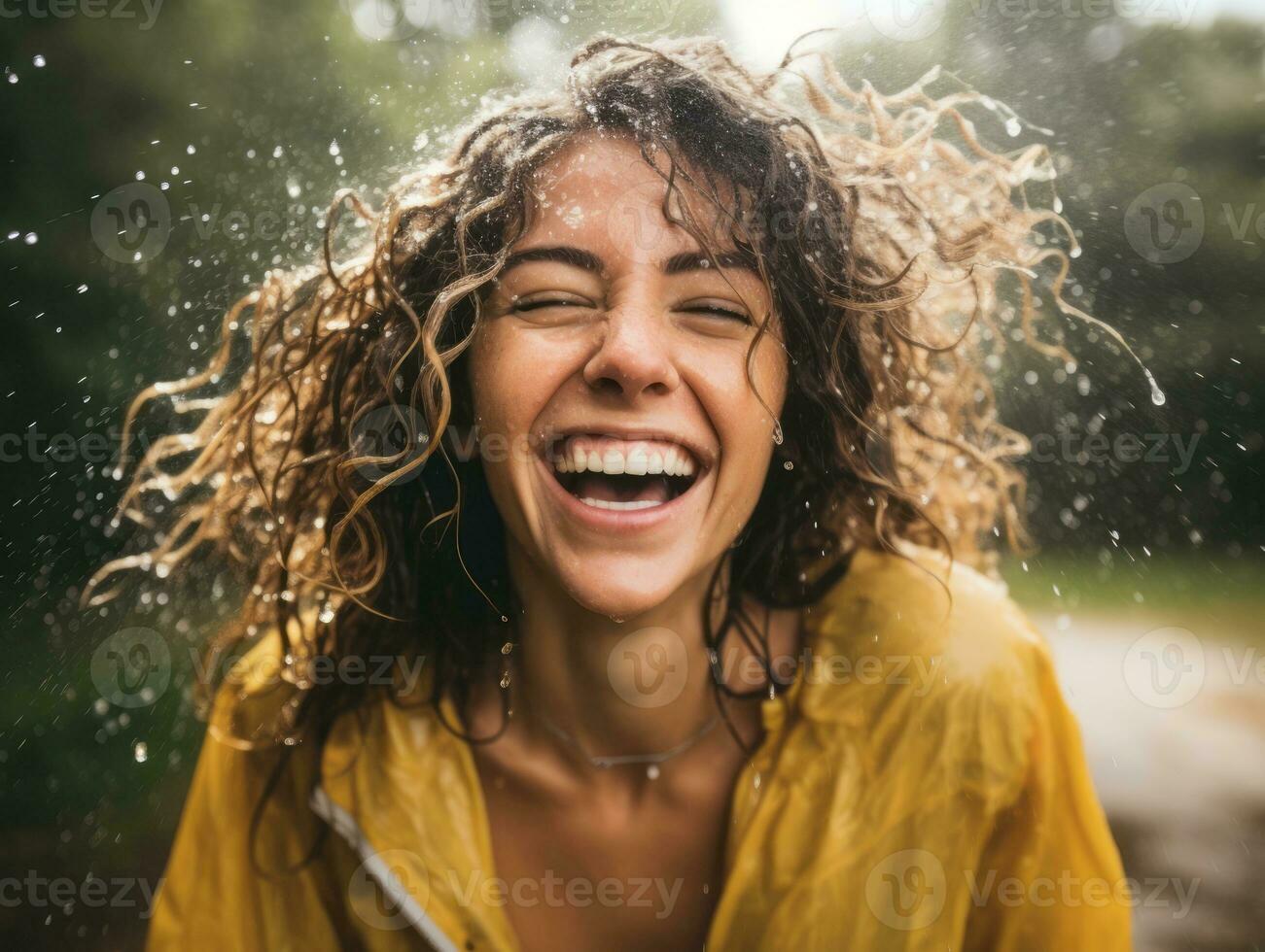 Carefree woman joyfully dances in the refreshing rain AI Generative photo