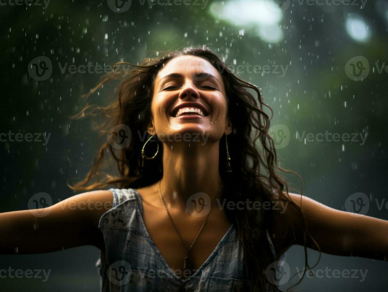 Carefree woman joyfully dances in the refreshing rain AI Generative photo