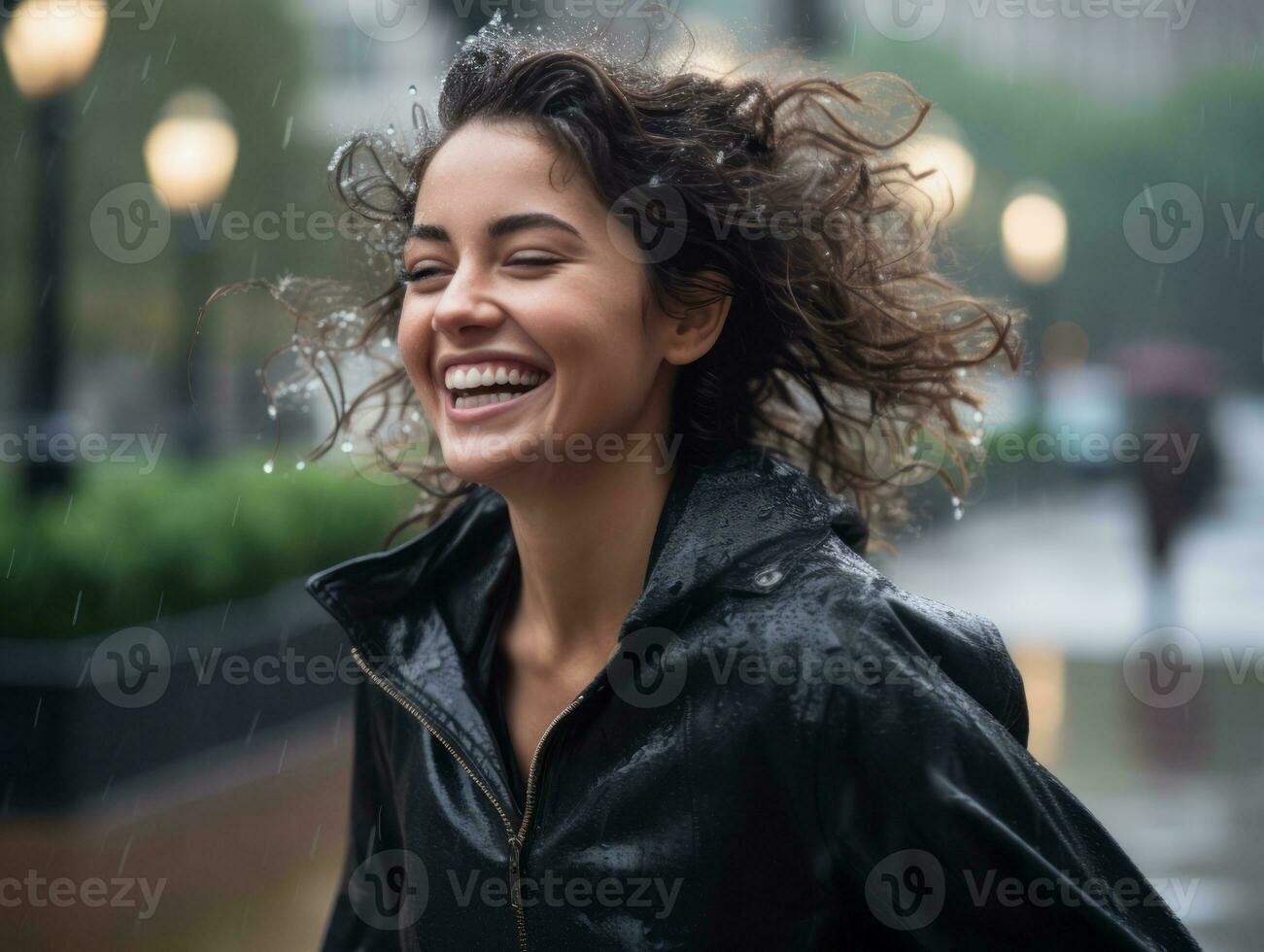 Carefree woman joyfully dances in the refreshing rain AI Generative photo