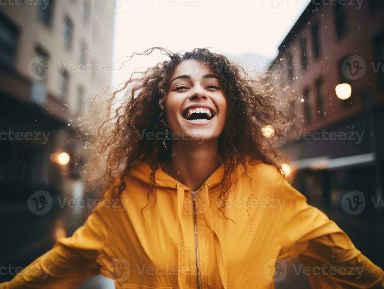 Carefree woman joyfully dances in the refreshing rain AI Generative photo