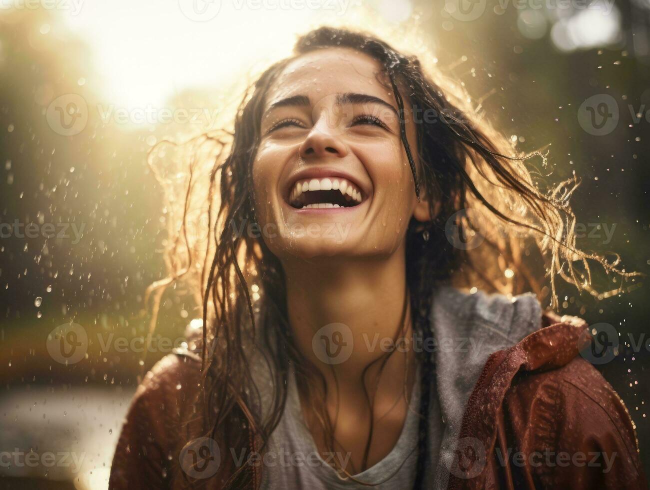 Carefree woman joyfully dances in the refreshing rain AI Generative photo