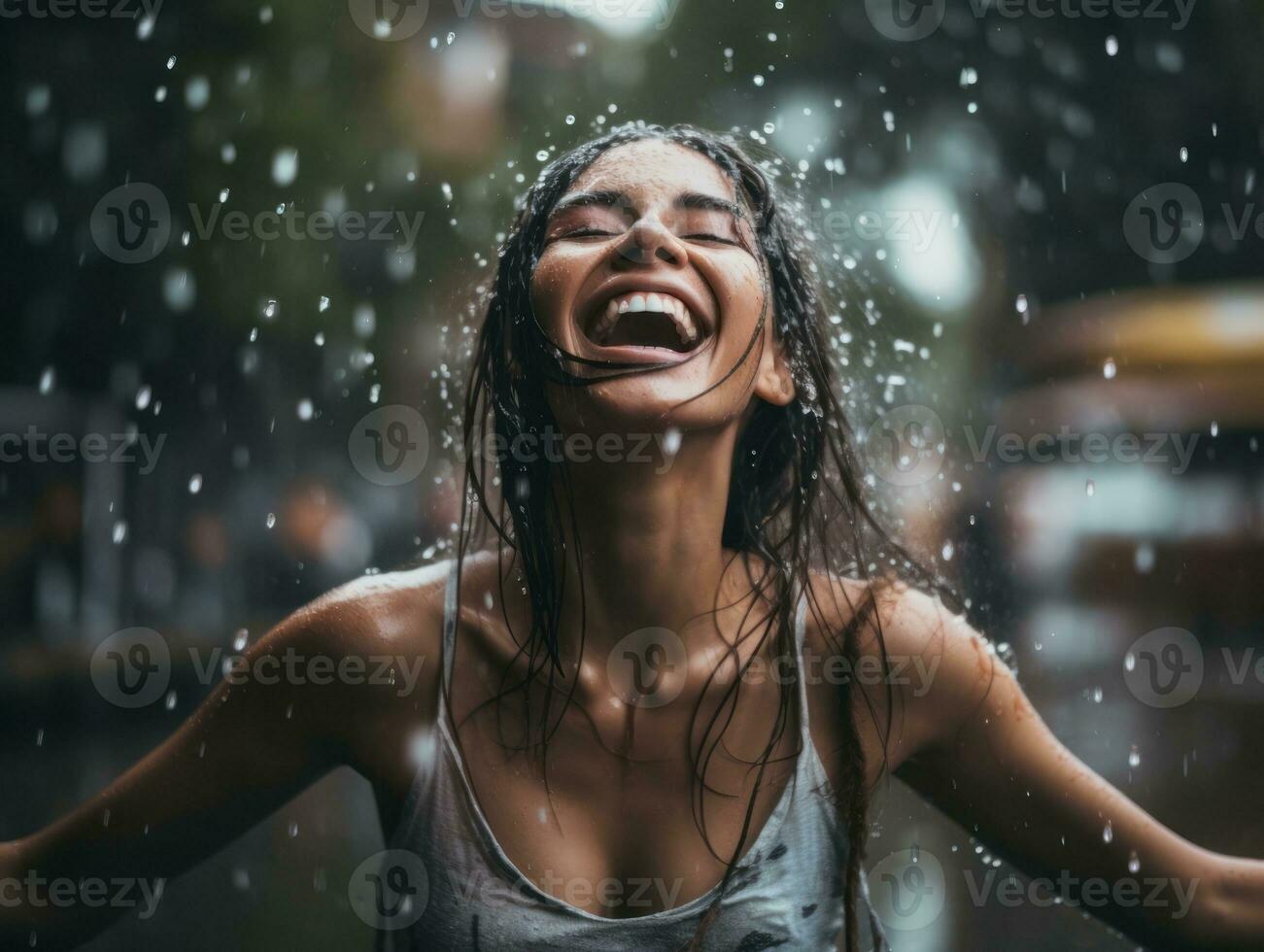 Carefree woman joyfully dances in the refreshing rain AI Generative photo