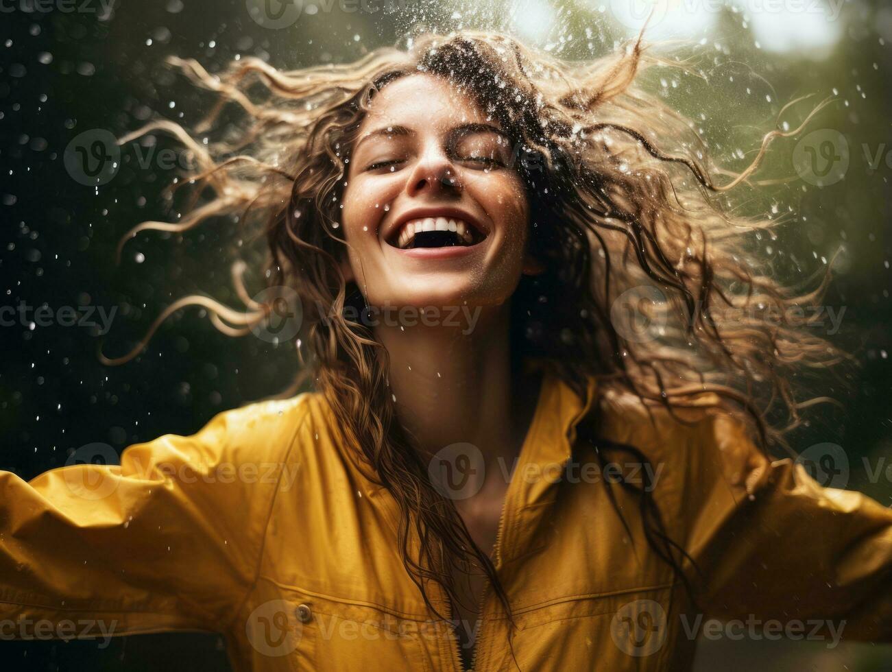Carefree woman joyfully dances in the refreshing rain AI Generative photo