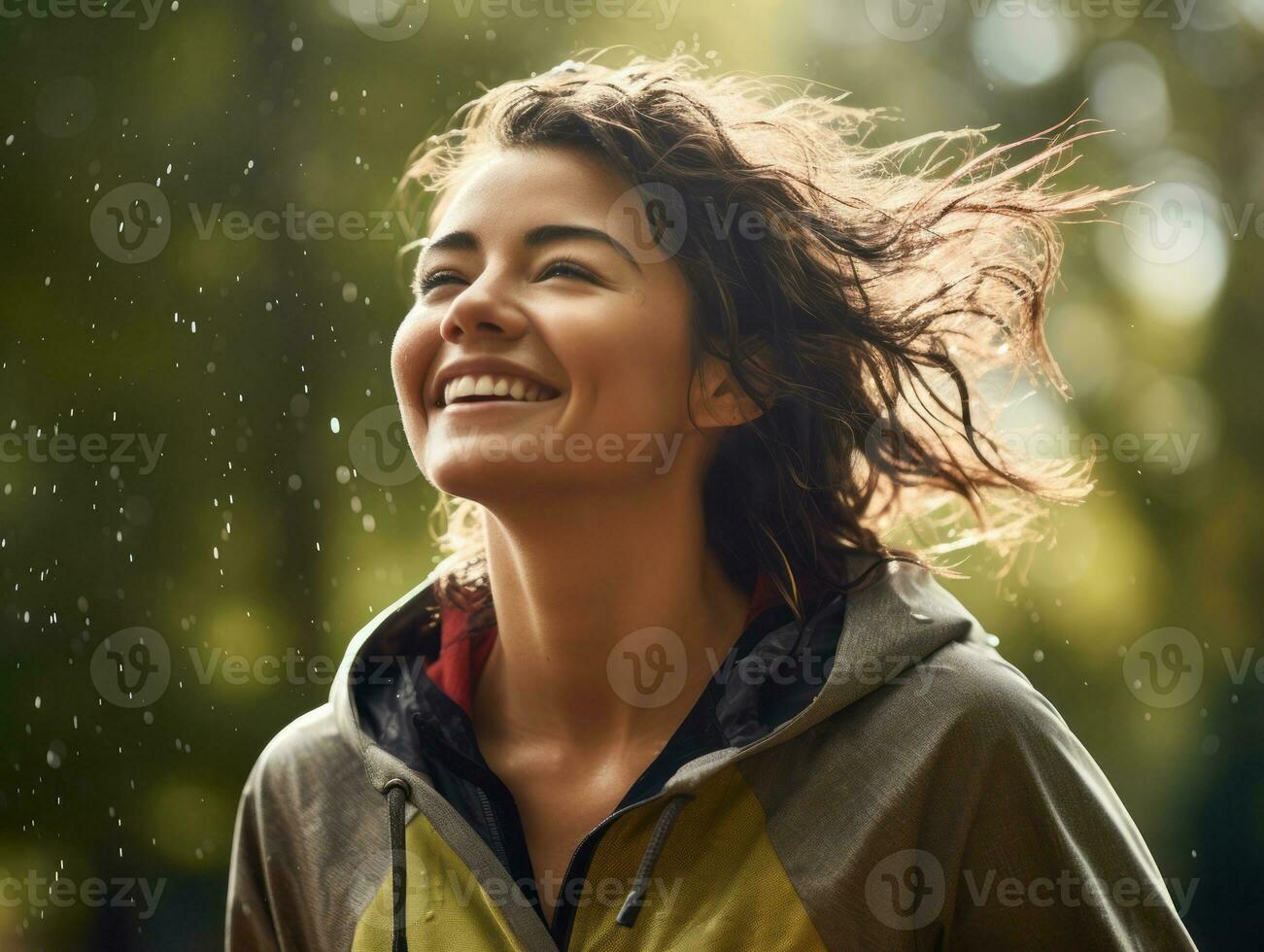 Carefree woman joyfully dances in the refreshing rain AI Generative photo