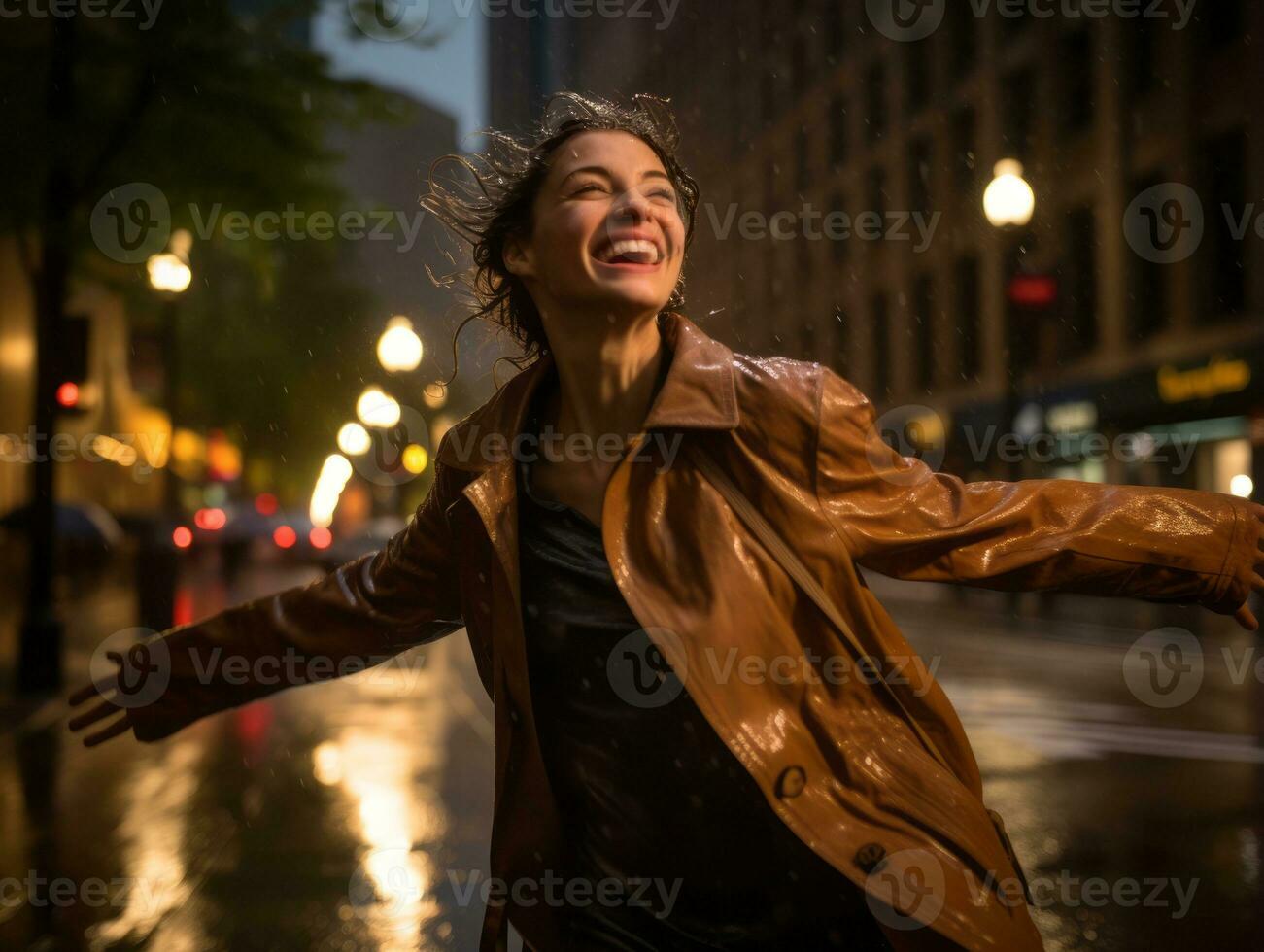 despreocupado mujer alegremente bailes en el refrescante lluvia ai generativo foto