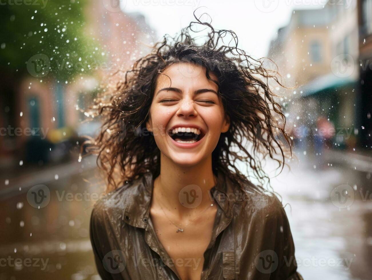 Carefree woman joyfully dances in the refreshing rain AI Generative photo