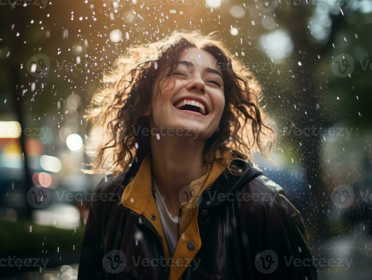 Carefree woman joyfully dances in the refreshing rain AI Generative photo