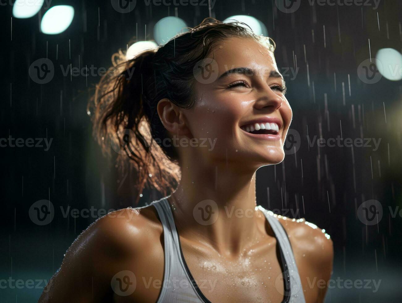 Carefree woman joyfully dances in the refreshing rain AI Generative photo