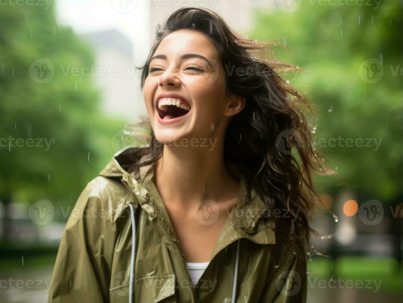 Carefree woman joyfully dances in the refreshing rain AI Generative photo