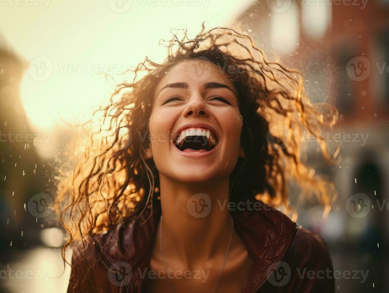 Carefree woman joyfully dances in the refreshing rain AI Generative photo