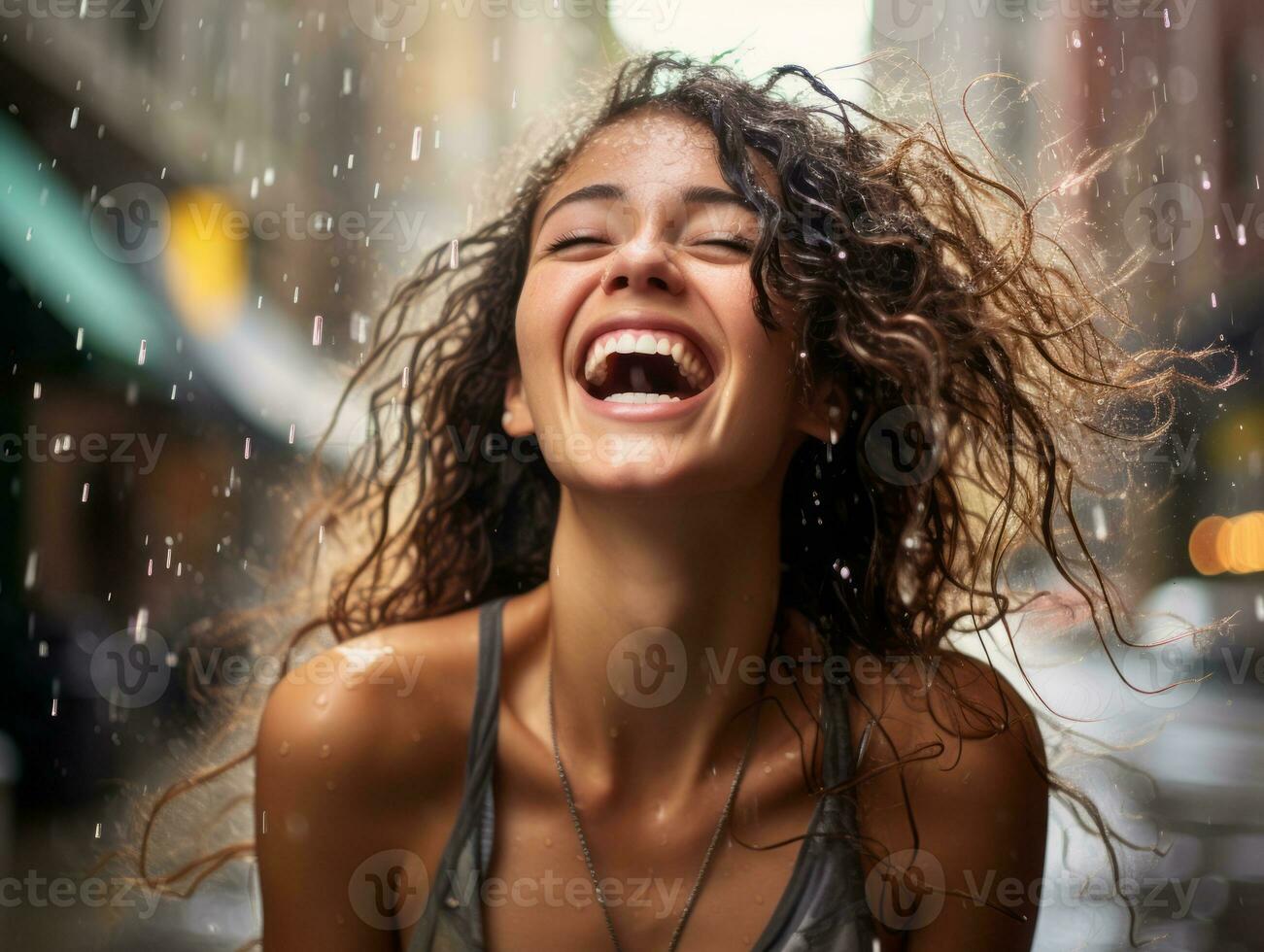 Carefree woman joyfully dances in the refreshing rain AI Generative photo