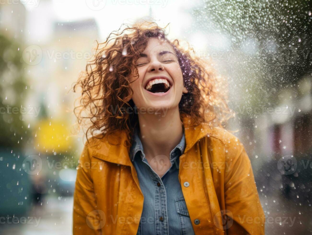 Carefree woman joyfully dances in the refreshing rain AI Generative photo