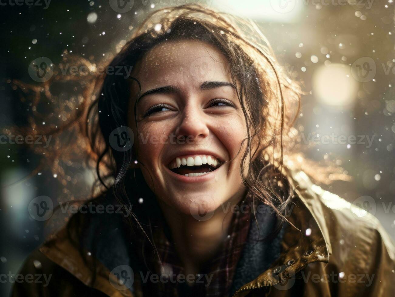 Carefree woman joyfully dances in the refreshing rain AI Generative photo