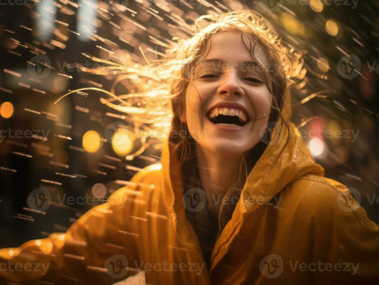 Carefree woman joyfully dances in the refreshing rain AI Generative photo