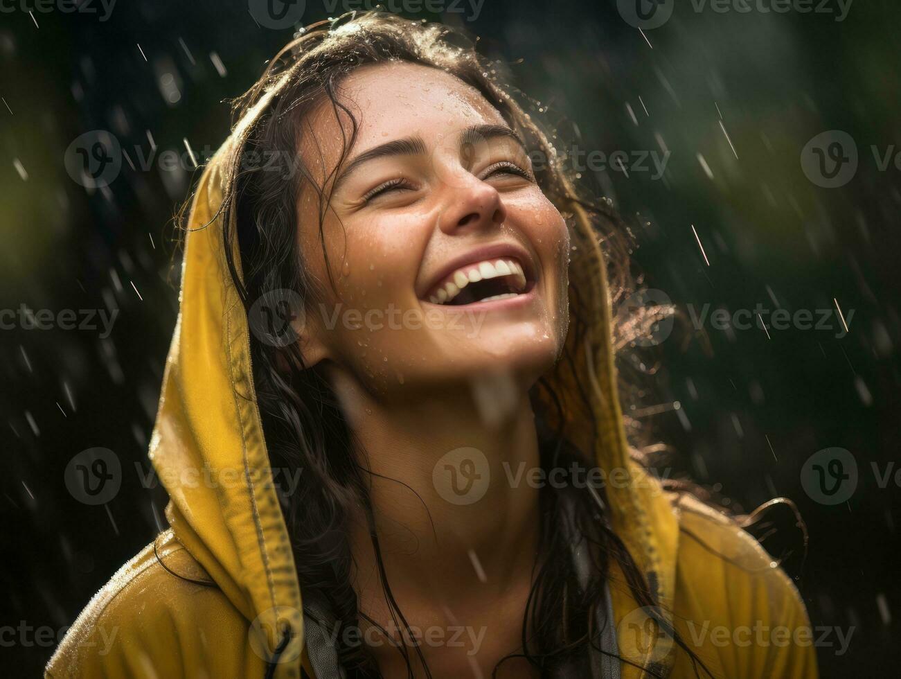Carefree woman joyfully dances in the refreshing rain AI Generative photo