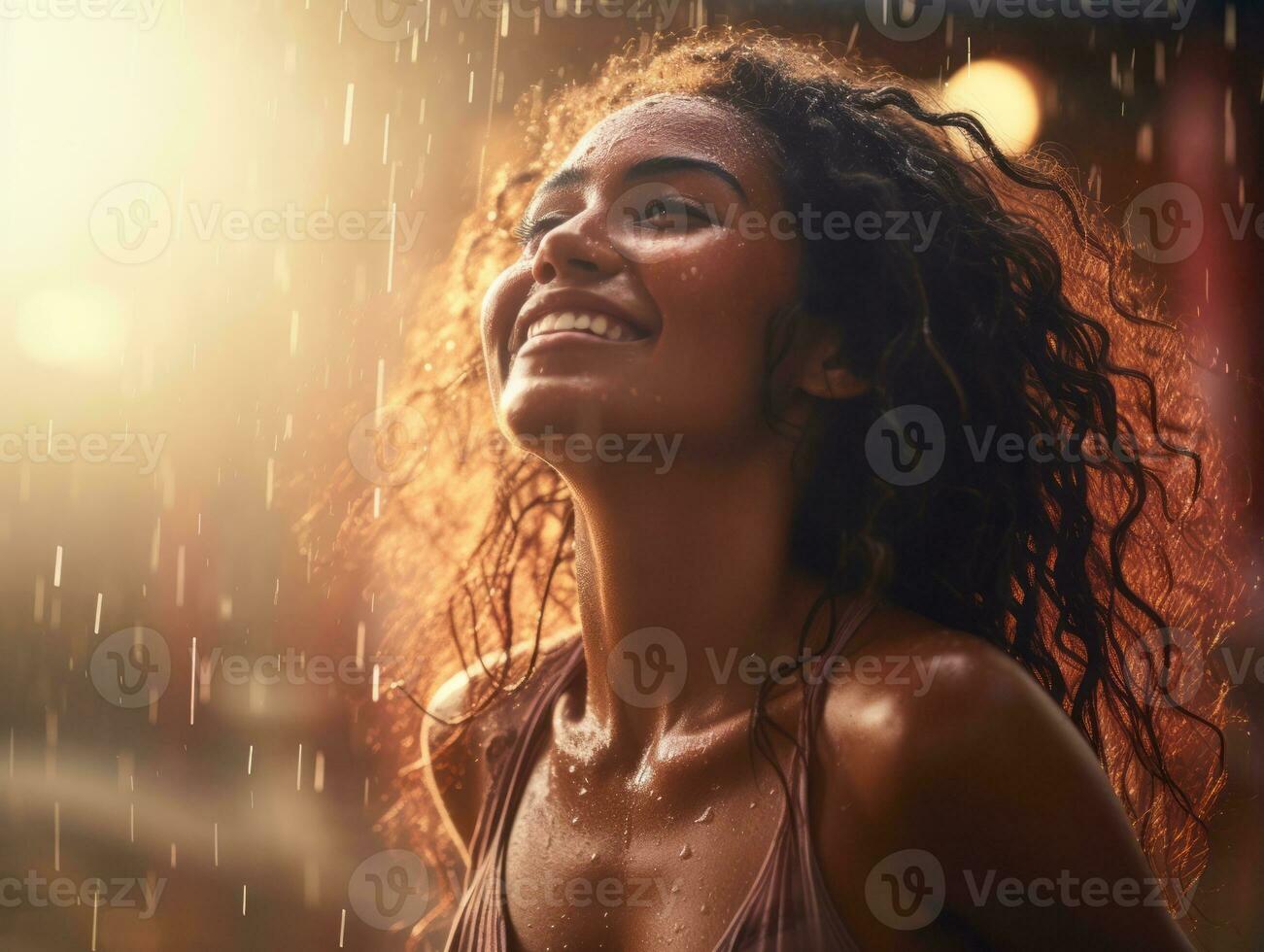 Carefree woman joyfully dances in the refreshing rain AI Generative photo