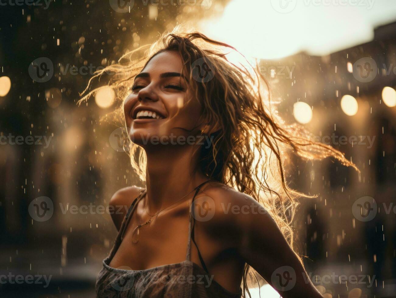 Carefree woman joyfully dances in the refreshing rain AI Generative photo