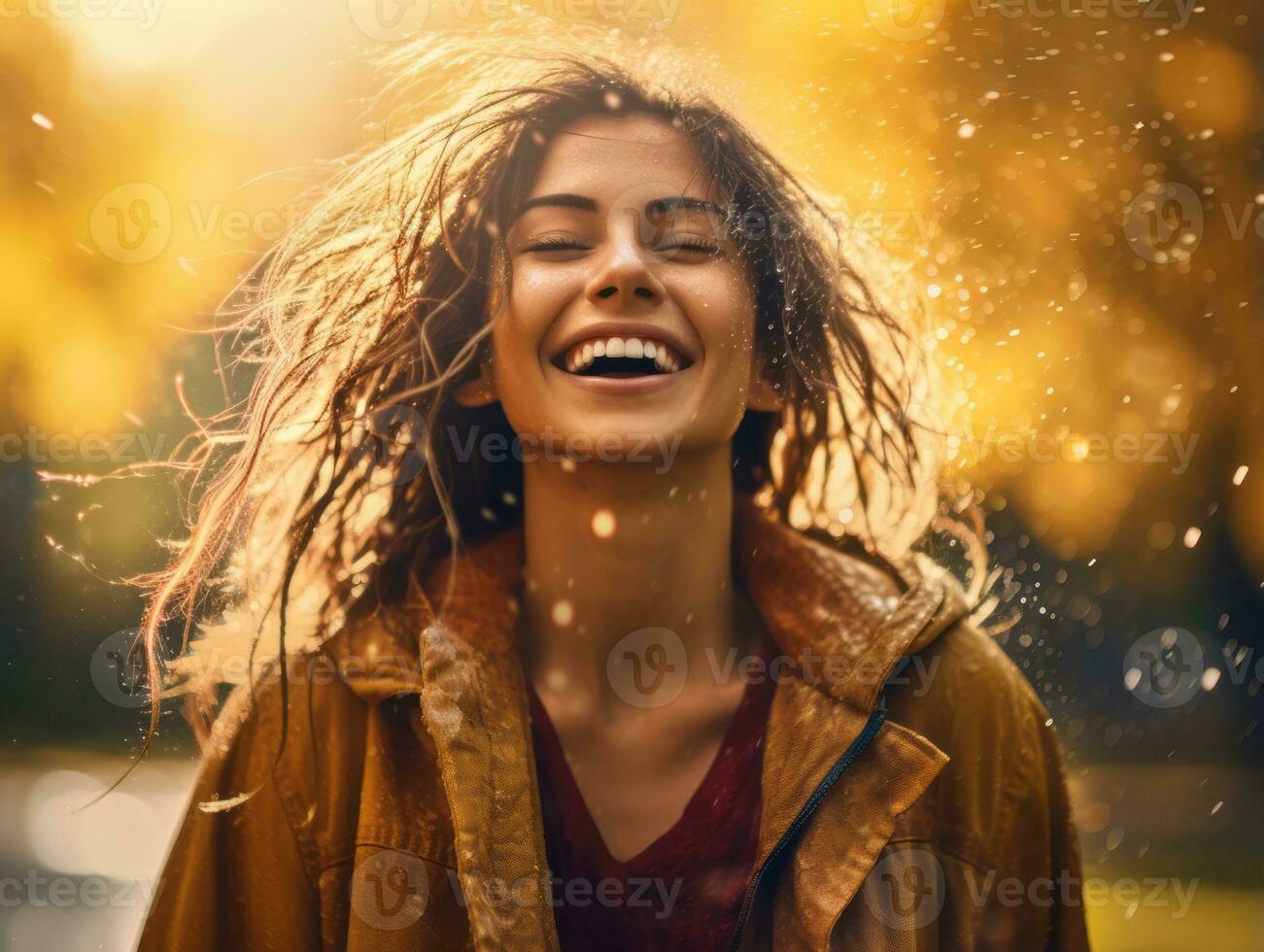 Carefree woman joyfully dances in the refreshing rain AI Generative photo