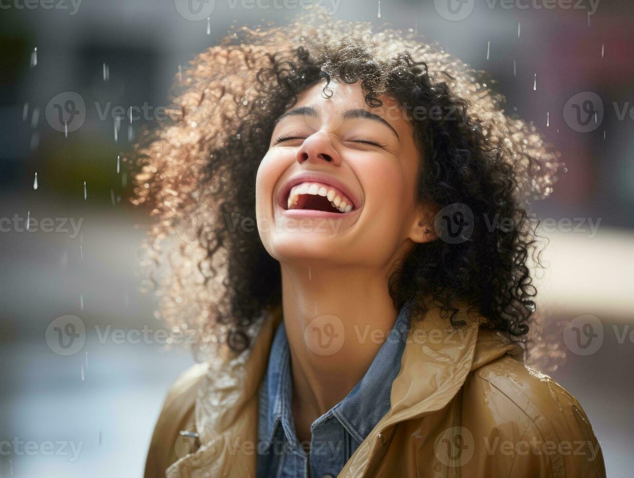 Carefree woman joyfully dances in the refreshing rain AI Generative photo