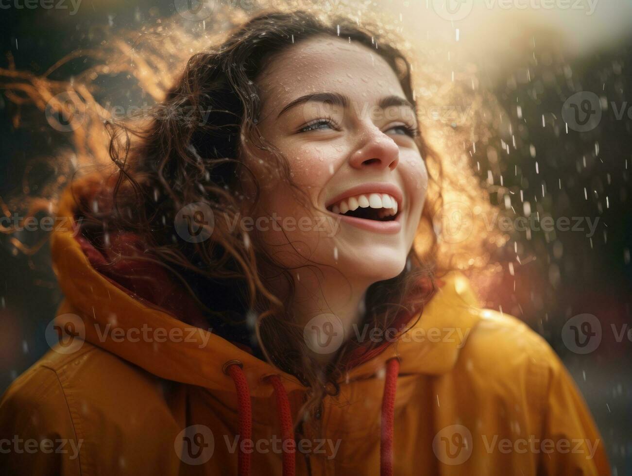 Carefree woman joyfully dances in the refreshing rain AI Generative photo
