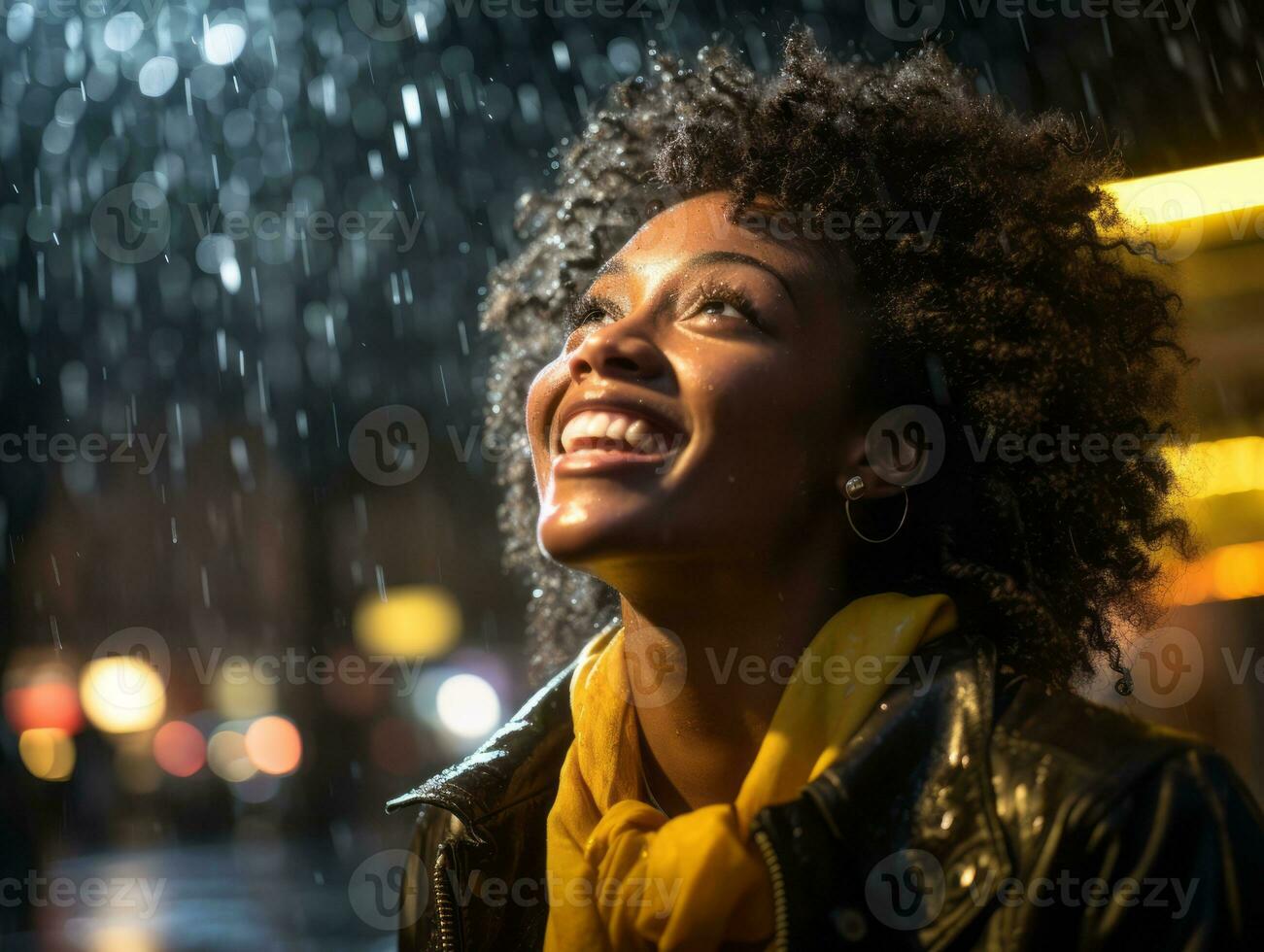 Carefree woman joyfully dances in the refreshing rain AI Generative photo