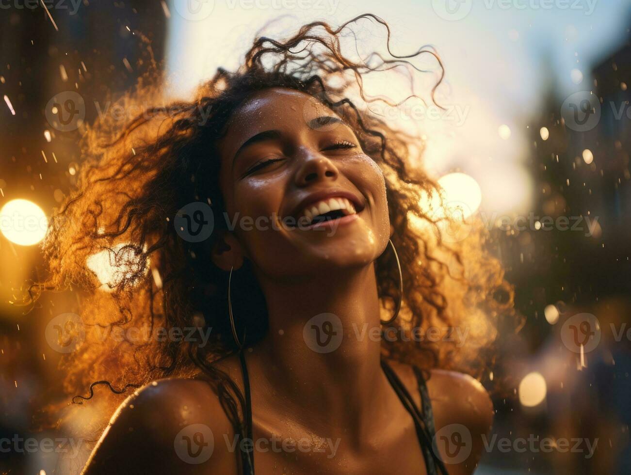 Carefree woman joyfully dances in the refreshing rain AI Generative photo