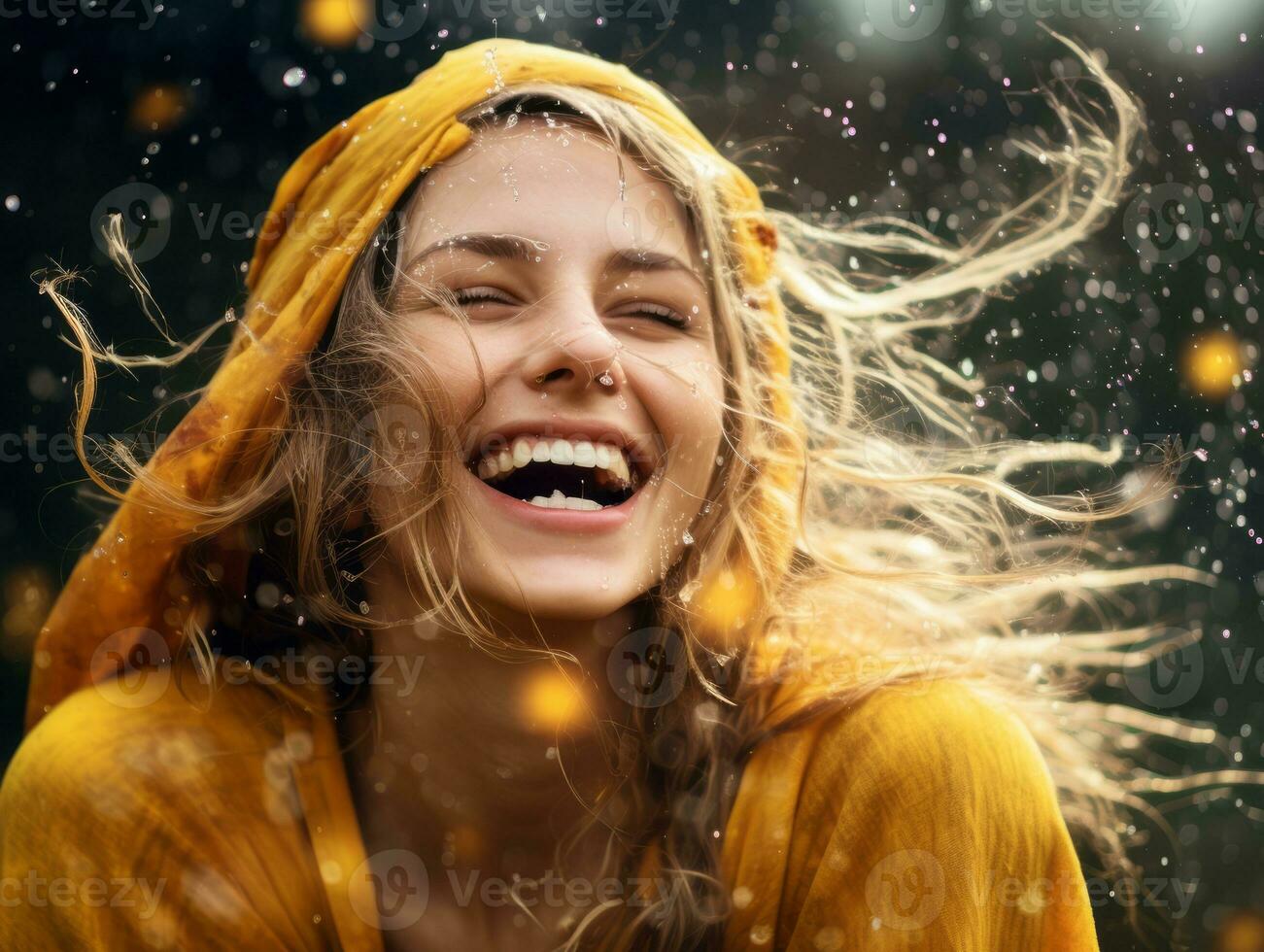 despreocupado mujer alegremente bailes en el refrescante lluvia ai generativo foto