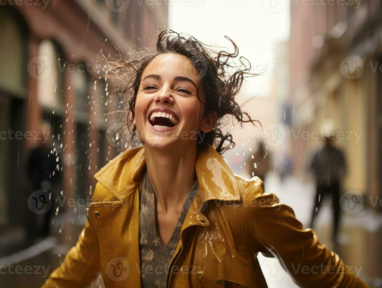 Carefree woman joyfully dances in the refreshing rain AI Generative photo