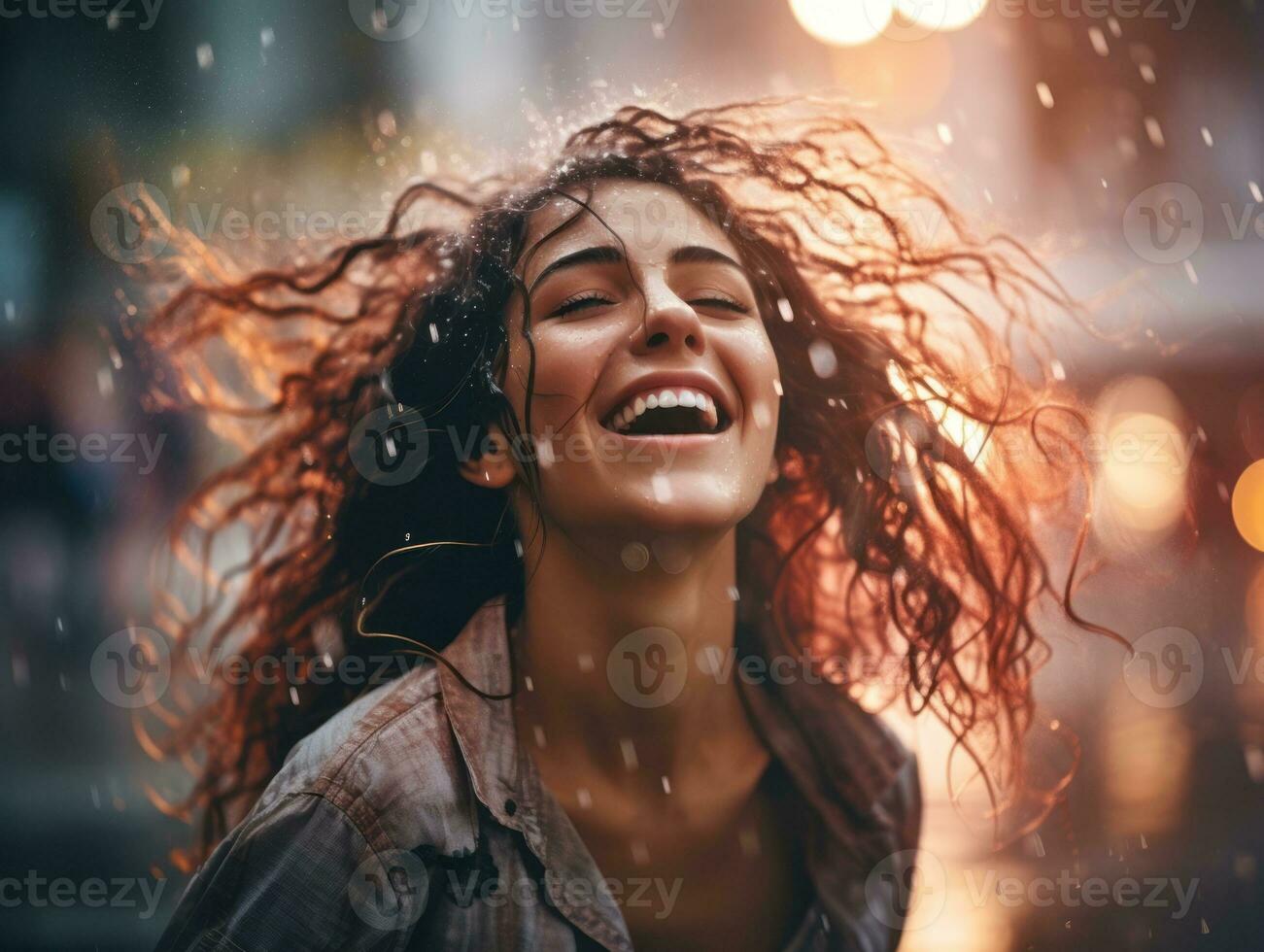 Carefree woman joyfully dances in the refreshing rain AI Generative photo