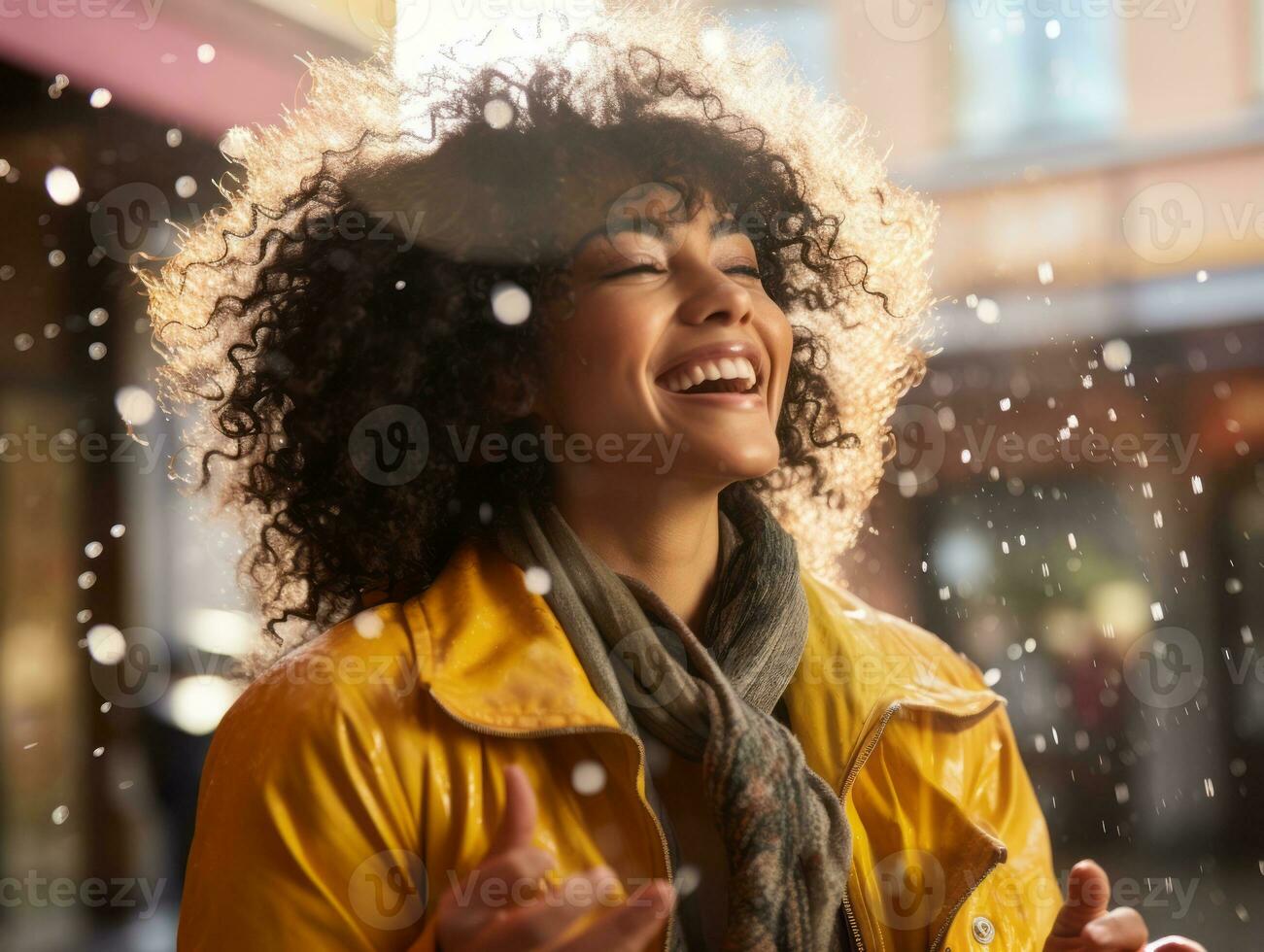 Carefree woman joyfully dances in the refreshing rain AI Generative photo