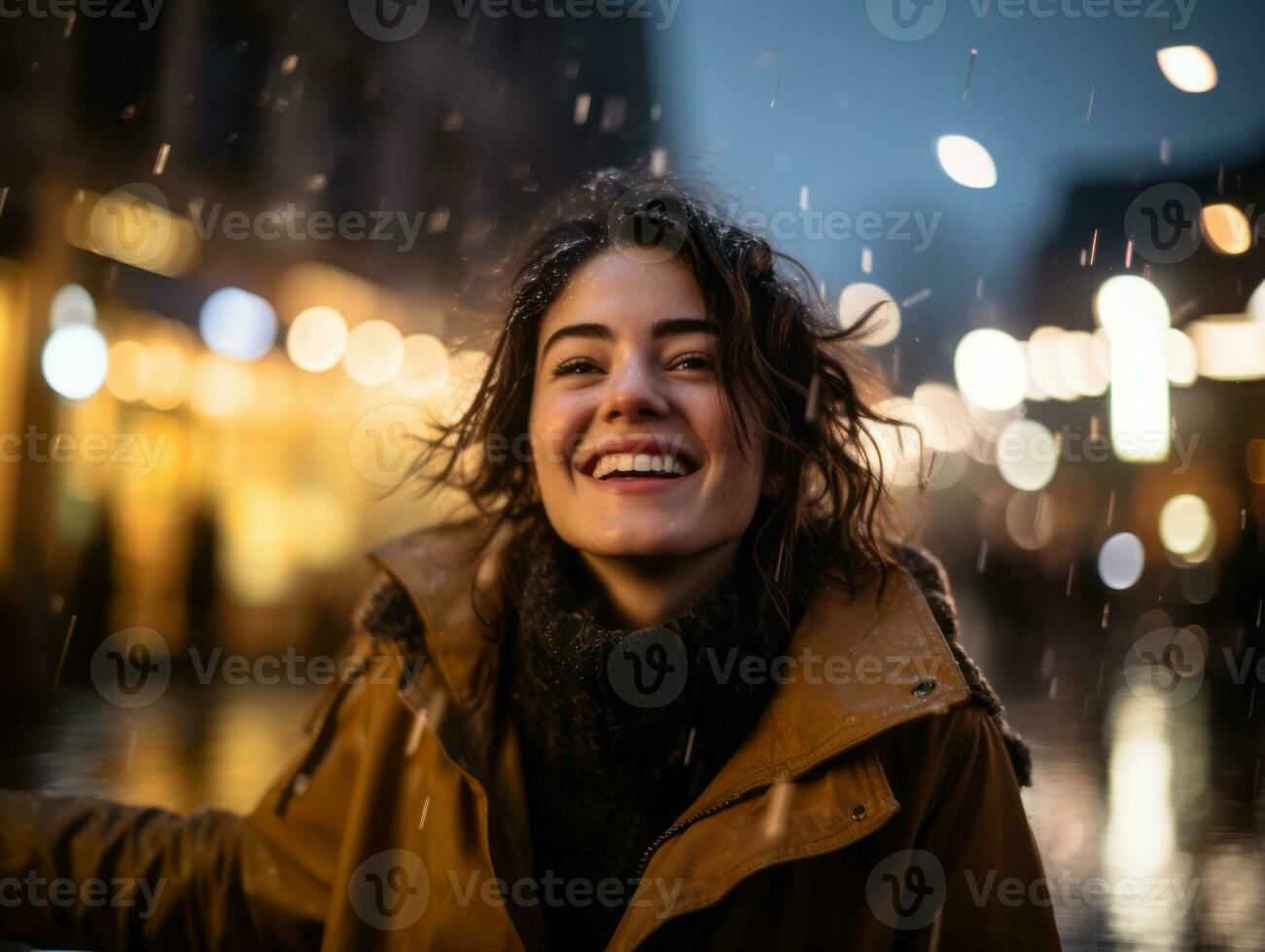 Carefree woman joyfully dances in the refreshing rain AI Generative photo