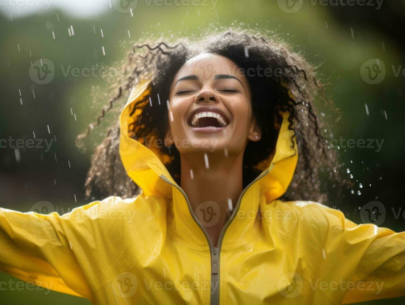 Carefree woman joyfully dances in the refreshing rain AI Generative photo