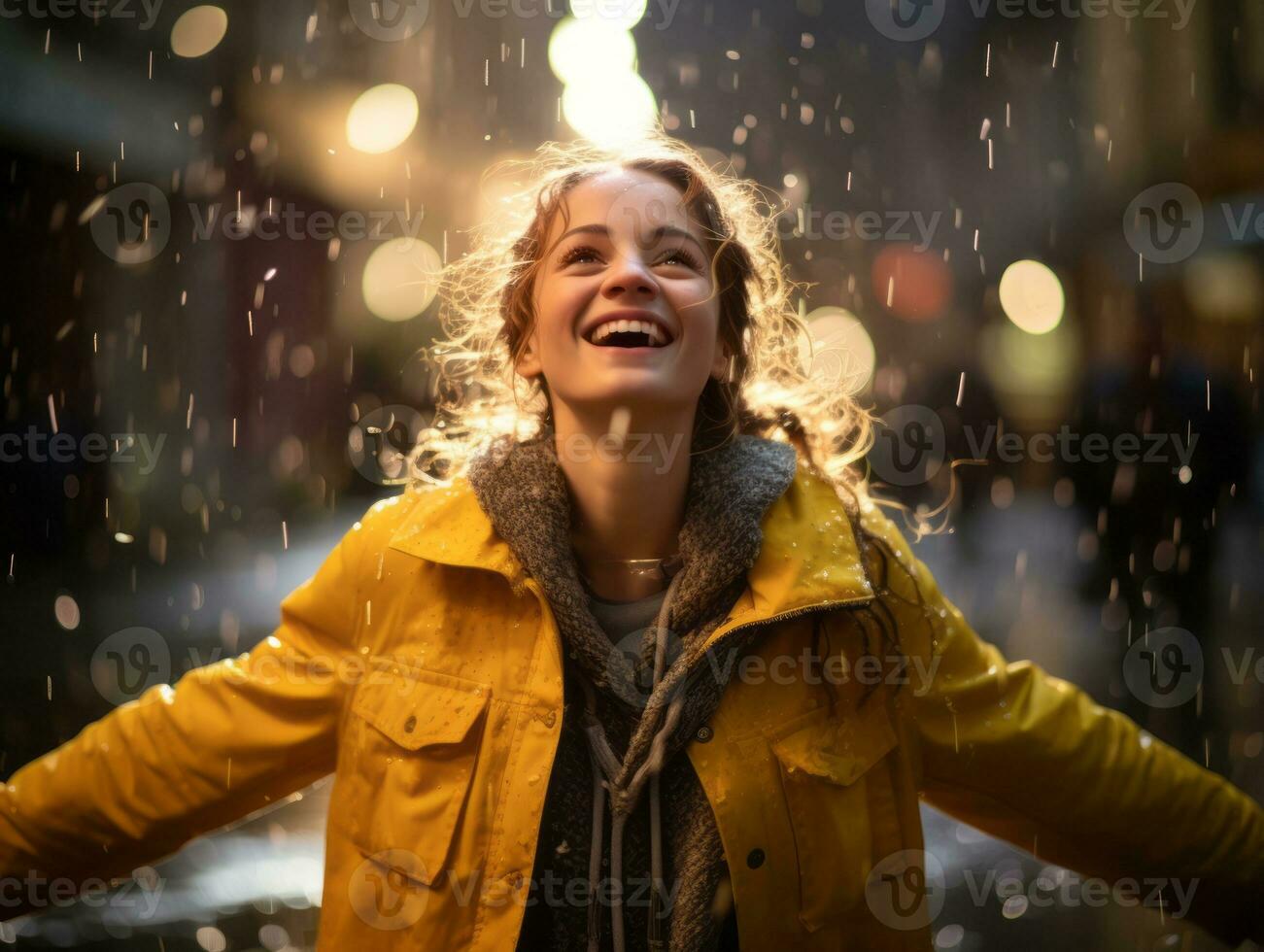 Carefree woman joyfully dances in the refreshing rain AI Generative photo