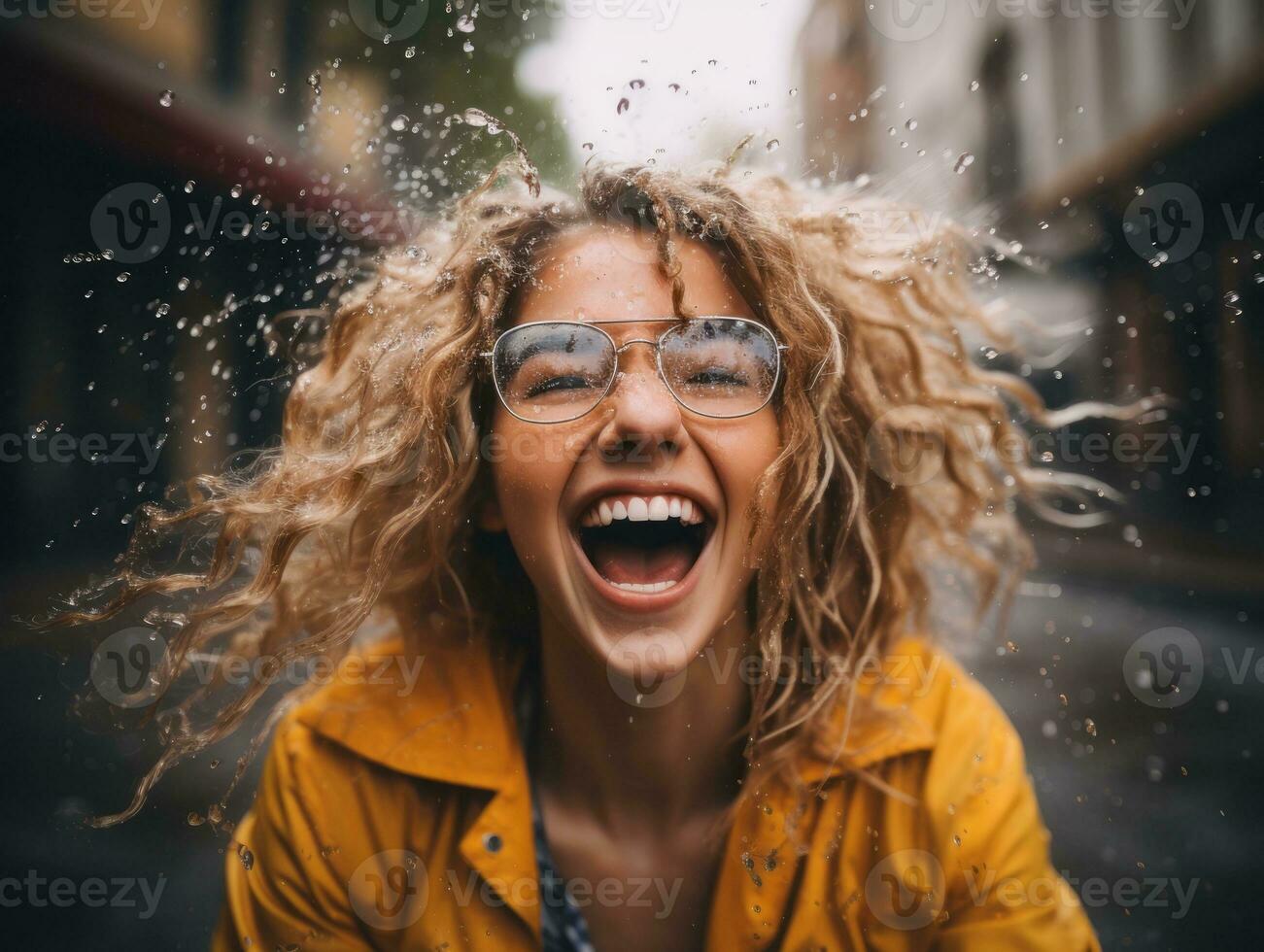 Carefree woman joyfully dances in the refreshing rain AI Generative photo