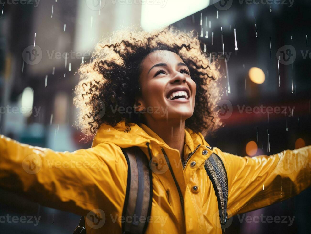 Carefree woman joyfully dances in the refreshing rain AI Generative photo