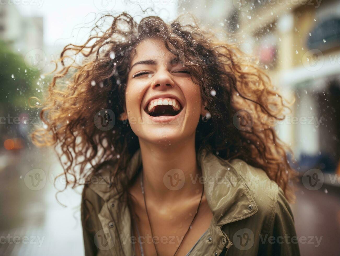 Carefree woman joyfully dances in the refreshing rain AI Generative photo