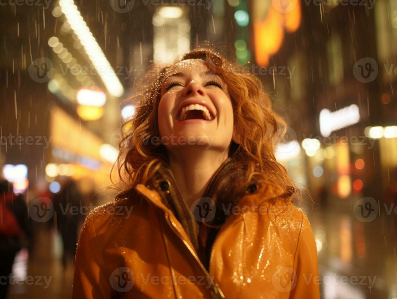 Carefree woman joyfully dances in the refreshing rain AI Generative photo