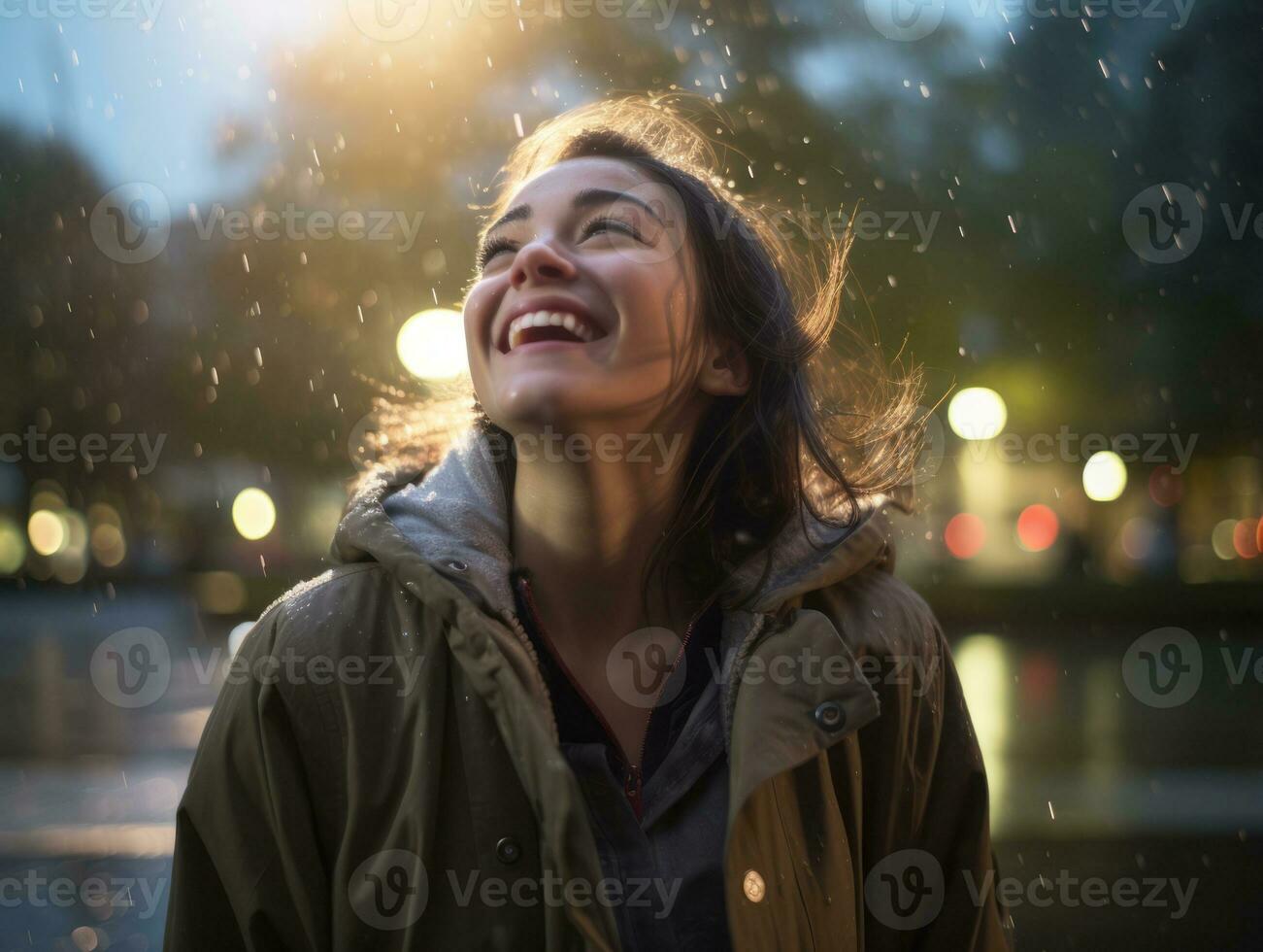 Carefree woman joyfully dances in the refreshing rain AI Generative photo
