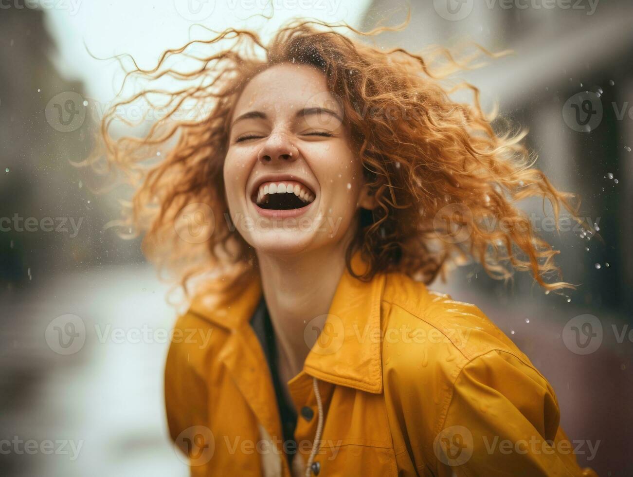 Carefree woman joyfully dances in the refreshing rain AI Generative photo