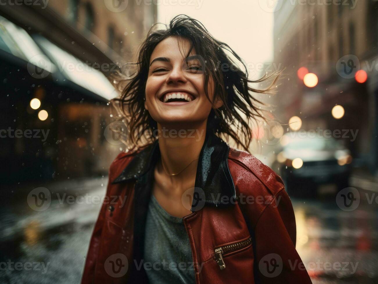 Carefree woman joyfully dances in the refreshing rain AI Generative photo