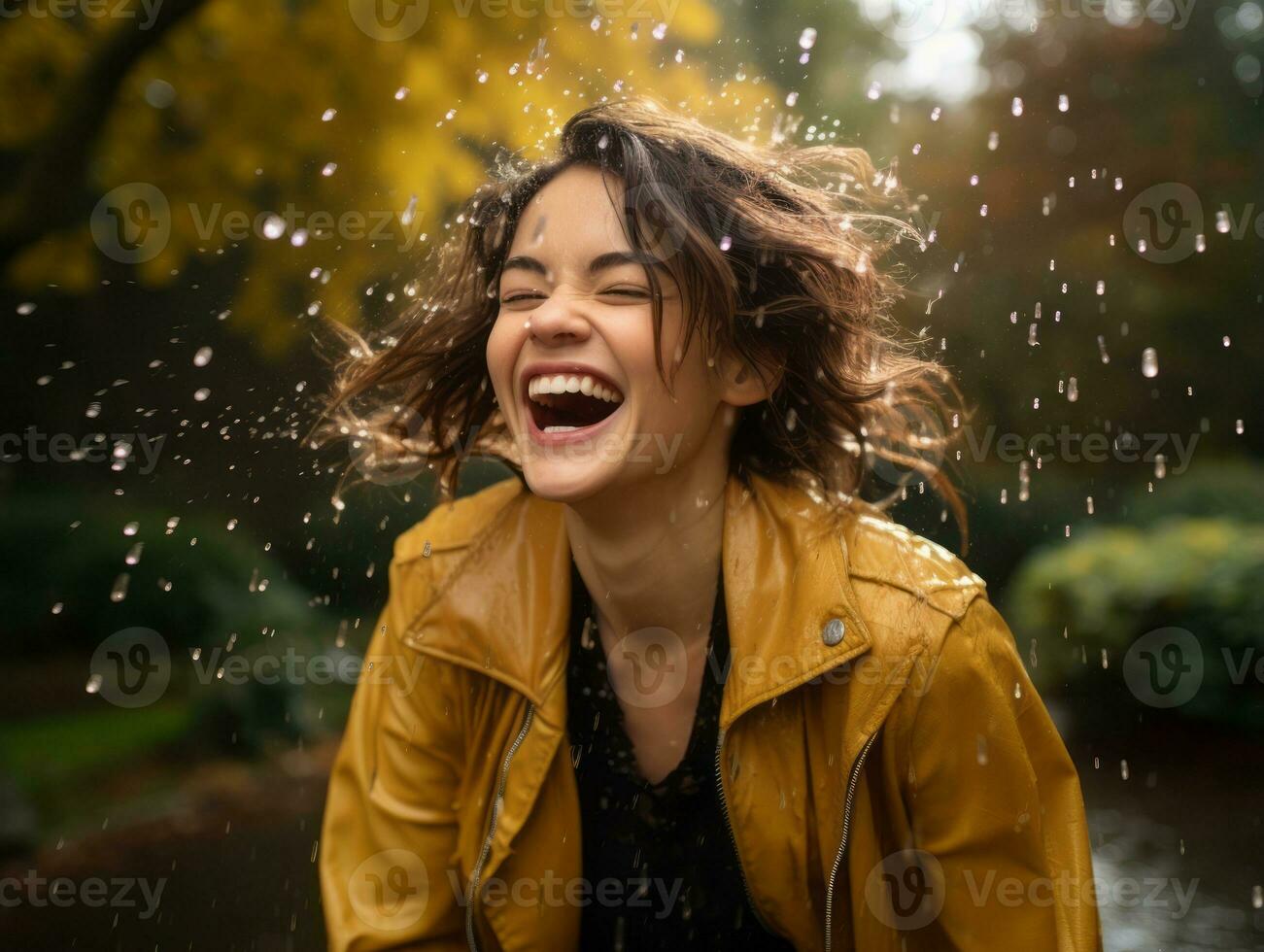 Carefree woman joyfully dances in the refreshing rain AI Generative photo