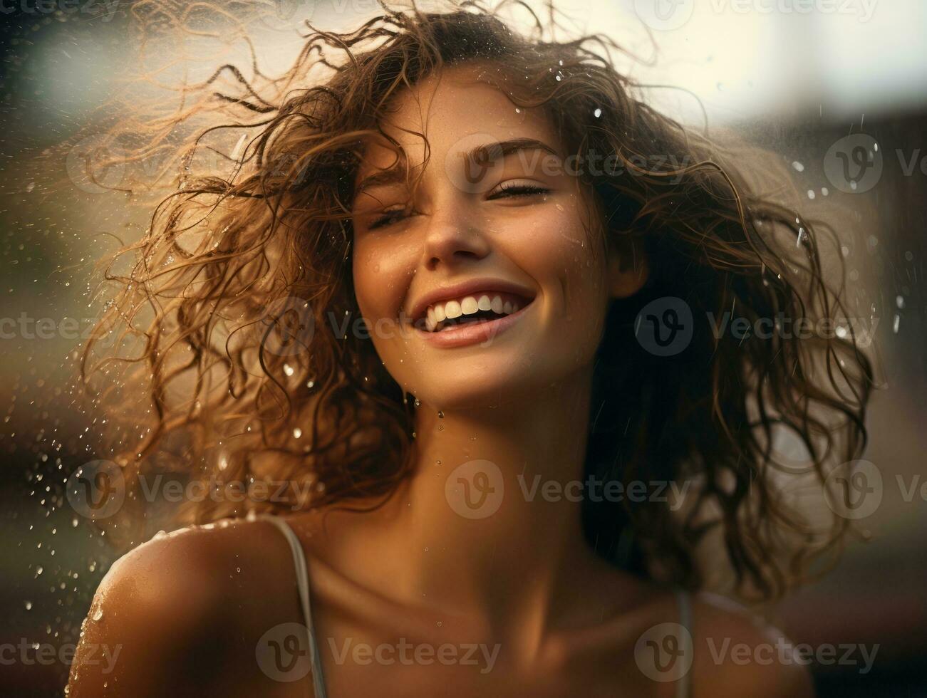 despreocupado mujer alegremente bailes en el refrescante lluvia ai generativo foto