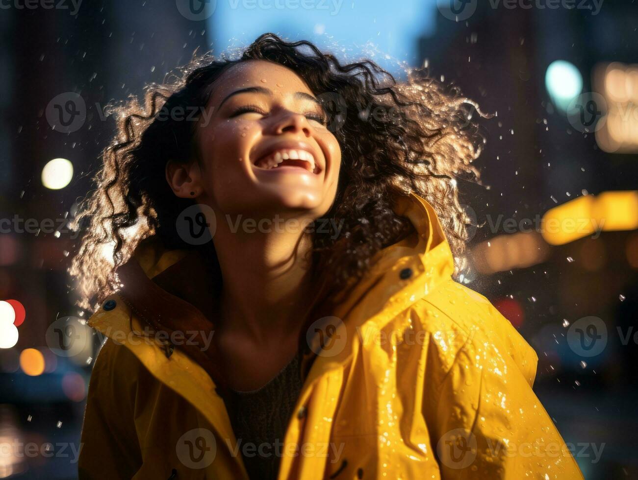 Carefree woman joyfully dances in the refreshing rain AI Generative photo