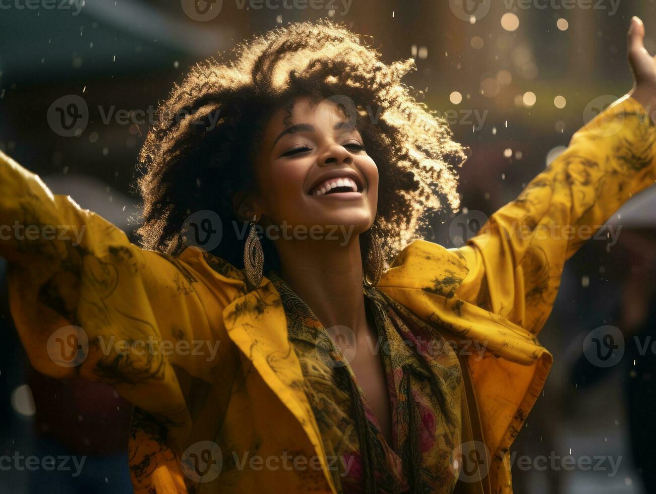 Carefree woman joyfully dances in the refreshing rain AI Generative photo